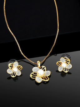 Estele - Gold Plated Flower Designer Pendant Necklace With Crystals and Pearl for Women (Set of 2)