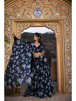 DEASHA INDIA - Kvitka Admiral Blue Floral Print Angrakha Choli with Lehenga Set