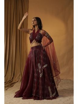 Arpita Sulakshana - Mehroon Organza Lehenga with Blouse and Dupatta