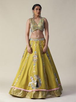 Arpita Sulakshana - Pear Yellow Raw Silk Heavy Embroidered Lehenga with Blouse and Dupatta