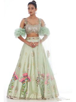 Arpita Sulakshana - Sea Green Bell Hand Painted Lehenga with Blouse and Dupatta