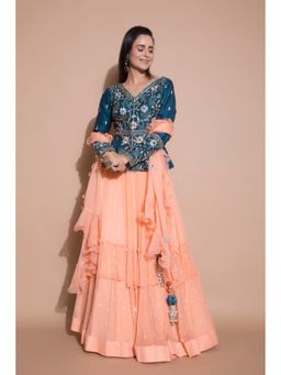 PALLAVI JAIPUR - Teal Solid/Plain Embroidered Lehenga with Peplum Jacket and Dupatta