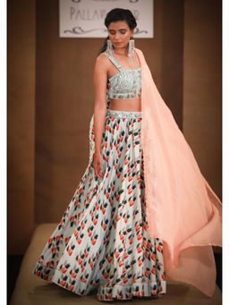 PALLAVI JAIPUR - Blue Printed Mirror Work Lehenga with Blouse and Dupatta