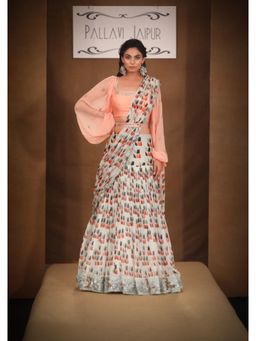 PALLAVI JAIPUR - Peach Printed Embroidered Lehenga with Blouse and Dupatta with Belt