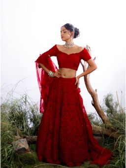 Omana by Ranjana Bothra - Red Organza Embroidered Blouse with Lehenga and Dupatta