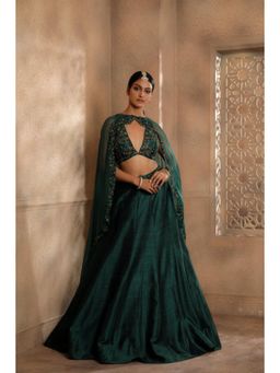 Omana by Ranjana Bothra - Green Organza Embroidered Blouse with Lehenga and Cape