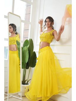 Rukinder Kumar - Lime Yellow Cut-Work Blouse with Lehenga with Dupatta