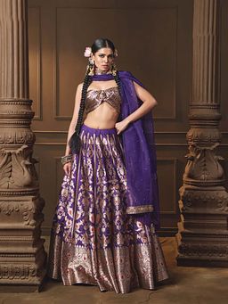VISHWA - Purple Silk Lehenga with Red Meenakari, Jaal Blouse and Zardosi Organza Dupatta