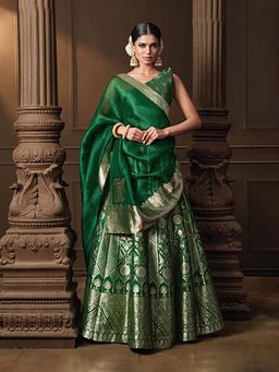 VISHWA - Green Summer Silk Lehenga with Banarasi Kora Dupatta and Jaal Blouse Piece