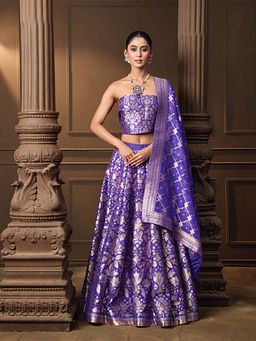 VISHWA - Purple Gold and Silver Zari Silk Lehenga with Dupatta and Jaal Blouse Piece