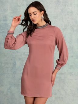 FabAlley - Pink Puff Sleeve Embellished Mini Dress