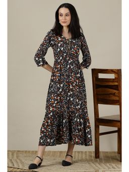 Aurelia - Black Floral Printed Flared Flowy Rayon Midi Dress