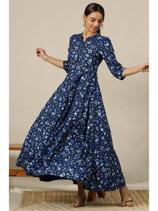 Buy Aurelia Ensign Blue Floral Printed Flared Pure Cotton Maxi Dress (L)  Online