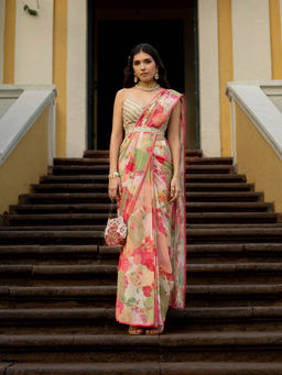 Paulmi & Harsh - Bloom With Grace Naksha Saree with Stitched Blouse (Set of 3)