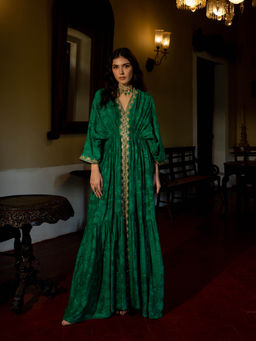 Paulmi & Harsh - Emerald Green Self Woven Kaftan (Set of 2)