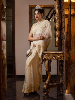 Farha Syed - Ivory Saree with Semi-Stitched Blouse
