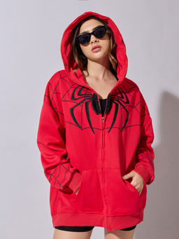 SHOWOFFFF - Edition Womens Red Spiderman Graphic Zip Up Hoodie Neck Sweatshirt