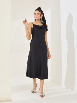 Latin Quarters - Black Solid Strappy Cowl Neck Party A-Line Midi Dress