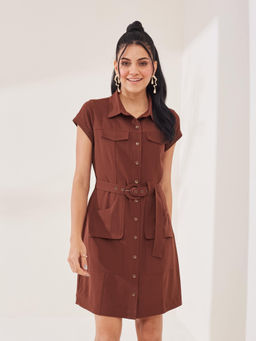 Latin Quarters - Brown Solid Collar Neck Casual Shirt Mini Dress with Belt