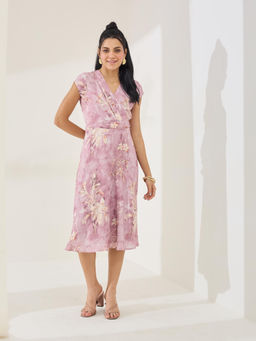 Latin Quarters - Pink Floral Print V-Neck Casual A-Line Midi Dress