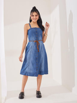 Latin Quarters - Blue Solid Strappy Square Neck Casual Shirt Midi Dress with Belt