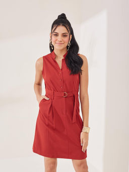 Latin Quarters - Red Solid Sleeveless Mandarin Neck Casual Shirt Mini Dress With Belt