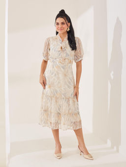 Latin Quarters - Beige Printed Half Sleeves Tie-Up Casual Fit and Flared midi Dress