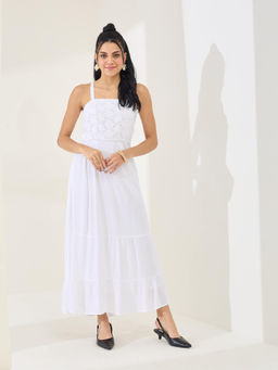 Latin Quarters - White Solid Strappy Square Neck Casual Fit and Flared Maxi Dress