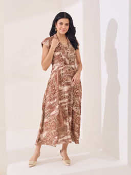 Latin Quarters - Rust Printed Cap Sleeve V-Neck Casual A-Line Midi Dress