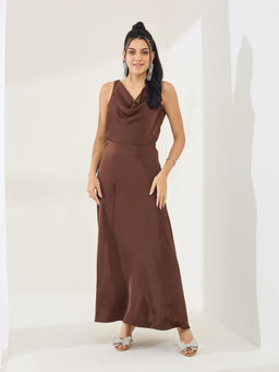 Latin Quarters - Brown Solid Sleeveless Cowl Neck Party A-Line Maxi Dress