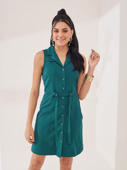 Latin Quarters - Teal Solid Sleeveless Collar Neck Casual Shirt Mini Dress
