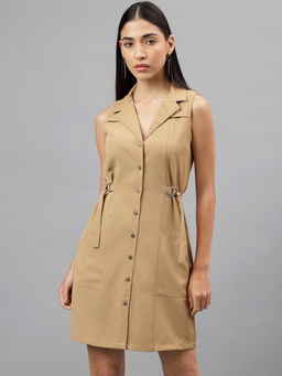 Latin Quarters - Women Beige Sleeveless Collar Neck Solid Shirt Mini Dress With Belt