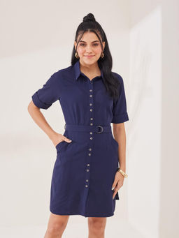 Latin Quarters - Navy Blue Solid Half Sleeves Casual Shirt Mini Dress With Belt