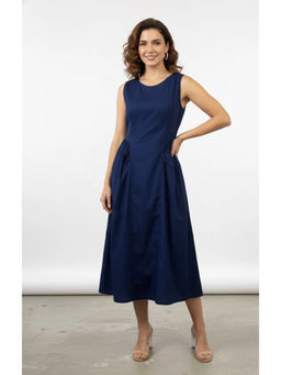 Branche - Sleeveless Navy Blue Cotton Fit-and-Flare midi Dress