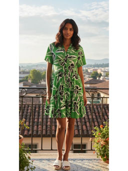Branche - Tropical Leaf Print Button-Front Mini Dress