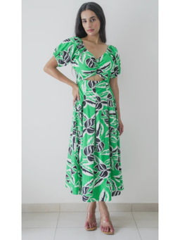 Branche - Tropical Leaf Print Cut-Out Midi Dress