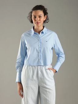Tommy Hilfiger - Solid Relaxed Fit Cotton Blue Crop Shirt