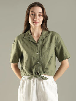Tommy Hilfiger - Solid Relaxed Fit Linen Crop Shirt