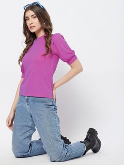 Uptownie - Purple Women Knit Solid High Neck Top