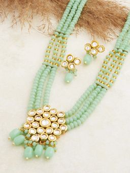 Zaveri Pearls - Green Multistrands Beaded Traditional Kundan Necklace & Earring Set-ZPFK13574