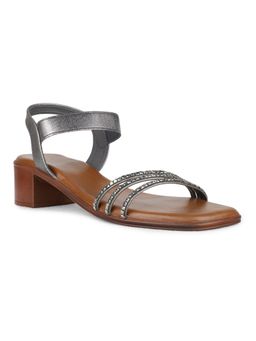 Inc.5 - Women Grey Party Wear Striped Square Toe Block Sandal Heels