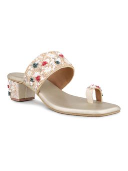 Inc.5 - Women Golden Ethnic Wear Embellished One Toe Block Sandal Heels