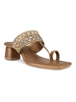 Inc.5 - Women Golden Ethnic Wear Embellished One Toe Block Sandal Heels