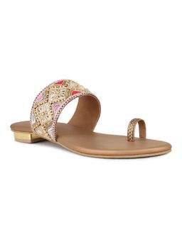 Inc.5 - Women Golden Ethnic Wear Embellished One Toe Block Sandal Heels
