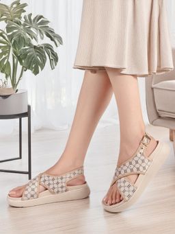 ELLE - Women Patterned Cross Strap Adjustable Beige Sandals