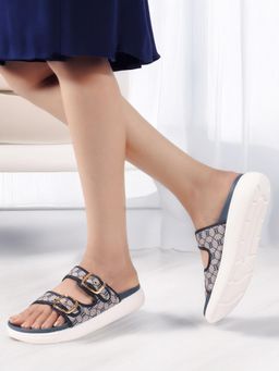 ELLE - Women Patterned Double Strap Adjustable Buckle Navy Blue Sandals