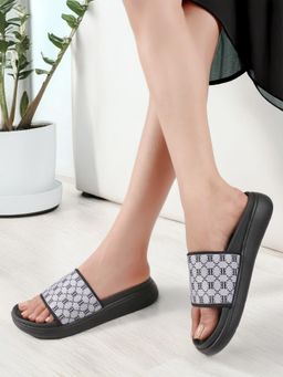 ELLE - Women Monogram Print Single Band Embellished Comfort Black Sliders