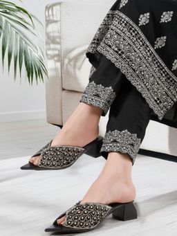 ELLE - Women Black Embellished Peep Toe Sandal Heels