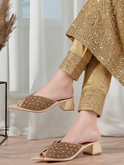 ELLE - Women Brown Embellished Peep Toe Sandal Heels
