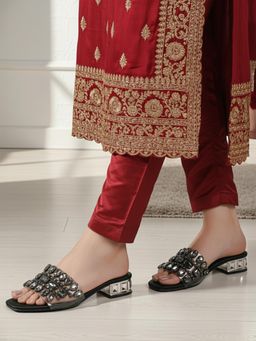 ELLE - Women Black Embellished Gemstone Sandal Heels